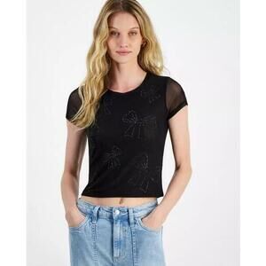 Madden Girl Juniors' Black Rhinestone-Embellished Mesh Tee M